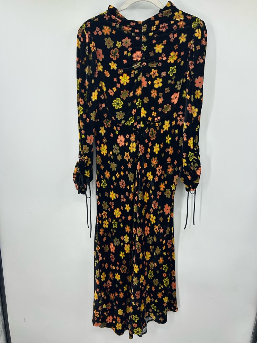 Isa Arfen Black Floral Velvet Maxi Dress Womens Size 12 Long Sleeve Ruched
